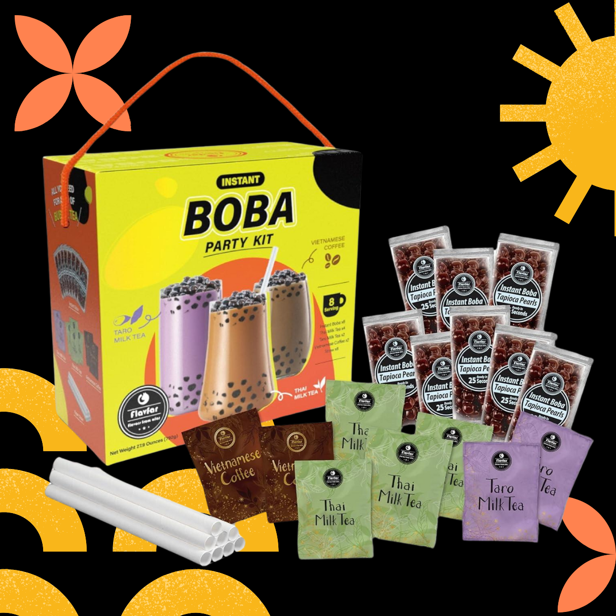 Gift Set - with Brown Sugar Boba, Thai Milk Tea (4), Taro  Milk Tea (2), Vietnamese Coffee (2) and Instant Boba - 8 Packs